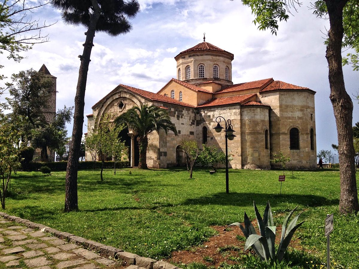 Exterior of Hagia Sophia Mosque in Trabzon with stone arches