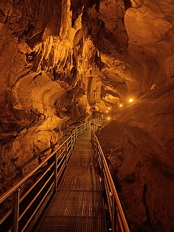 Rock formations and walkway inside Çal Cave